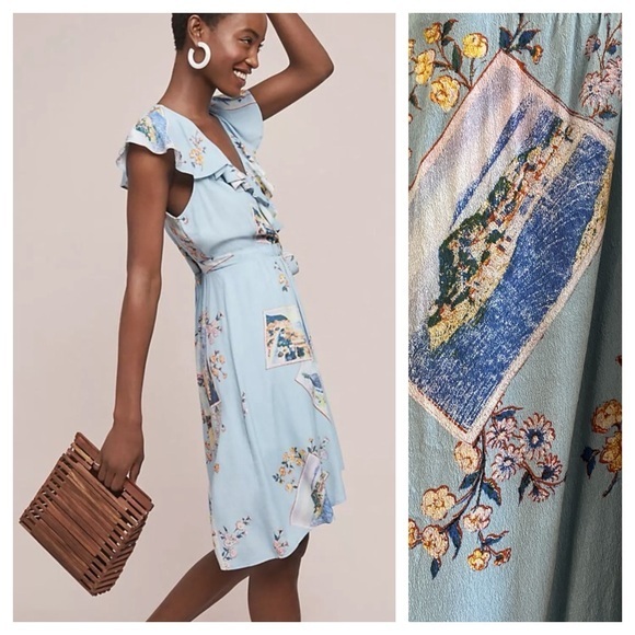 Anthropologie Maeve Blue Floral Postcard Print Rosalia Wrap Dress - Picture 1 of 16